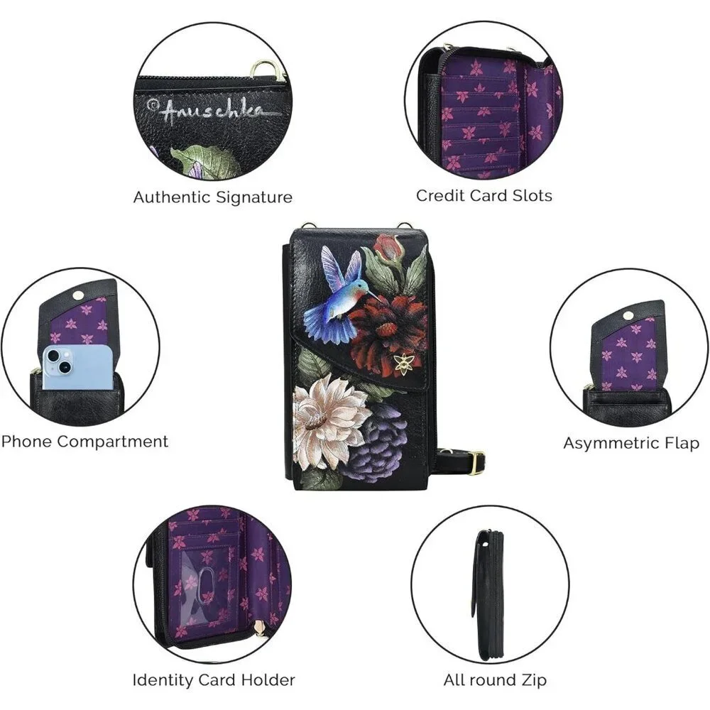 Leather Crossbody Phone Case with RFID Organizer and Hand-Painted Art